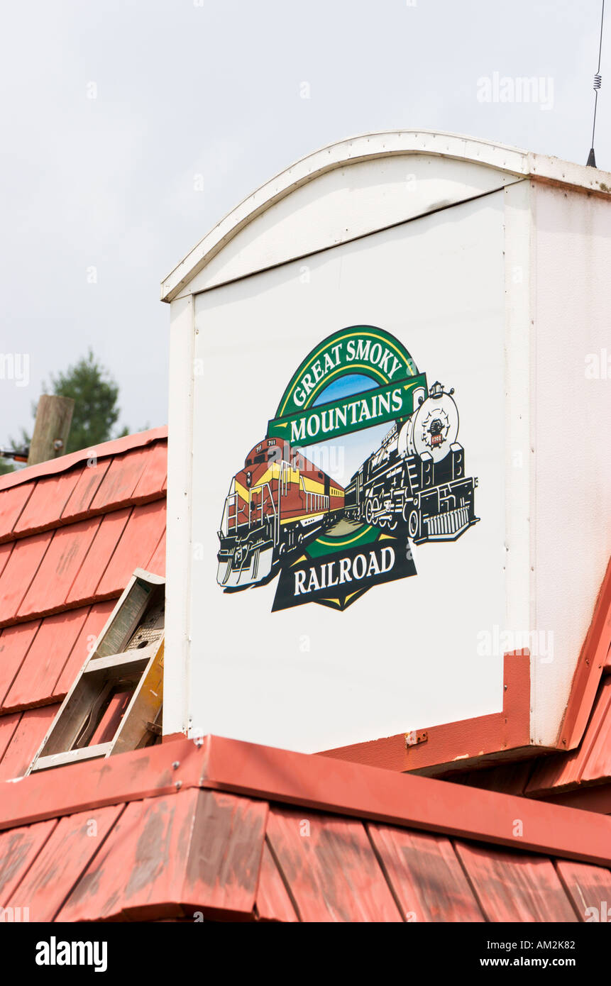 Sign on roof of Great Smoky Mountains Railroad station in Sylva North Carolina USA Stock Photo