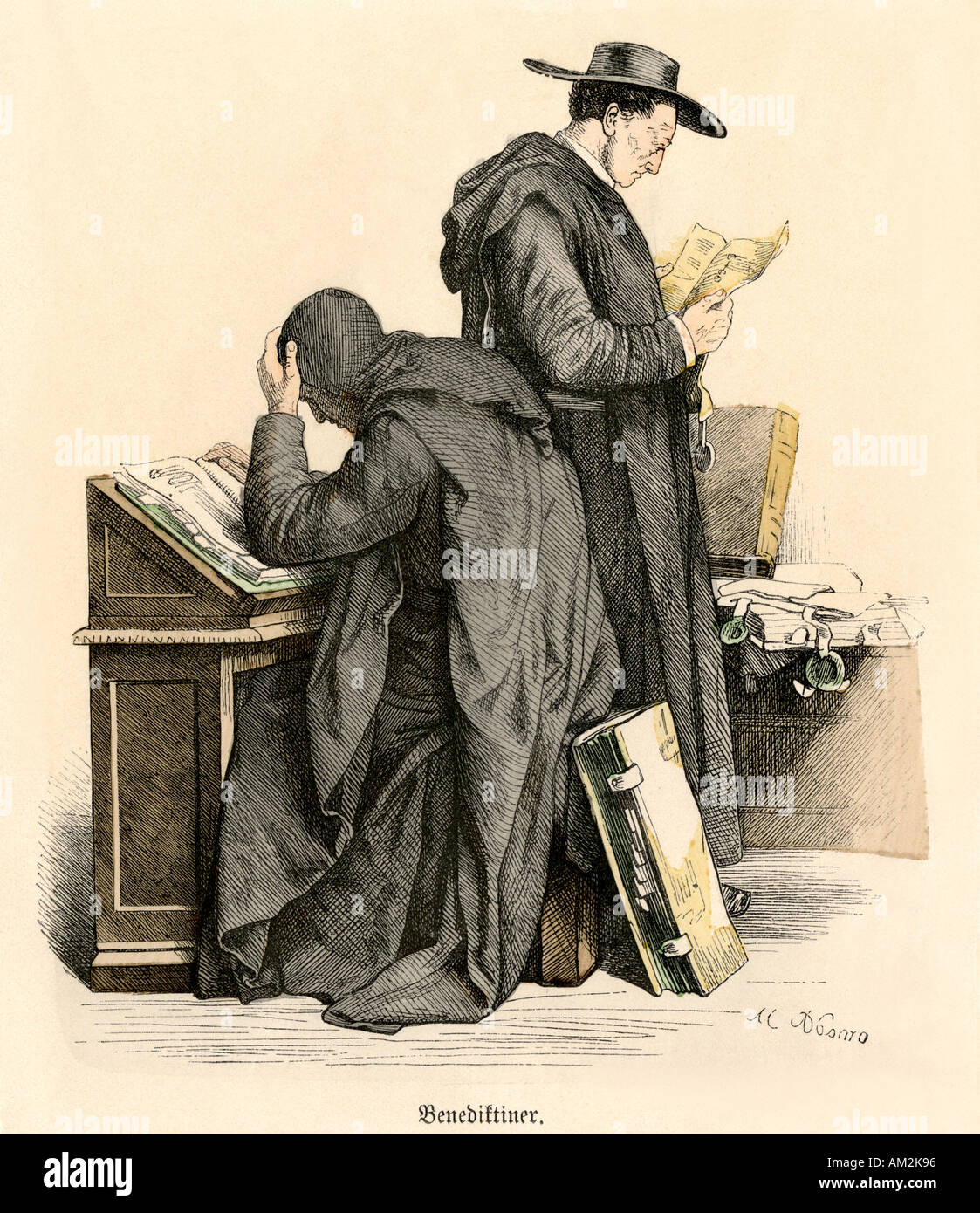 Benedictine monks poring over medieval manuscripts. Hand-colored print Stock Photo