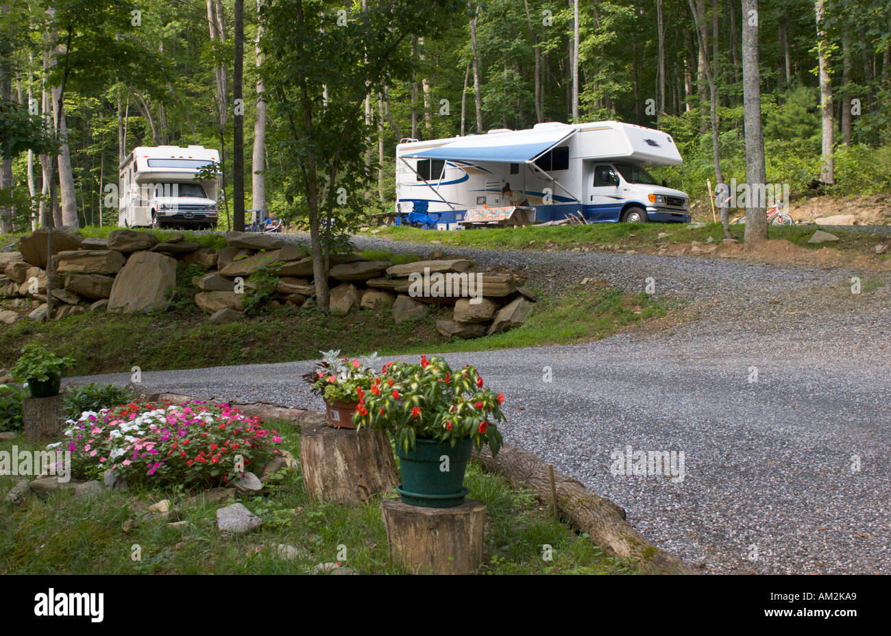 Family motor coach parked in private campground near Sylva North