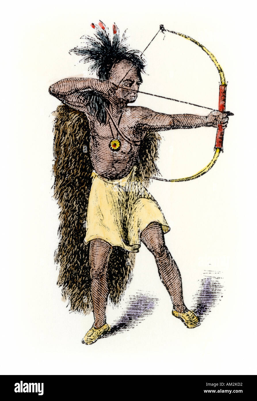 Iroquois warrior aiming his bow and arrow. Handcolored woodcut Stock