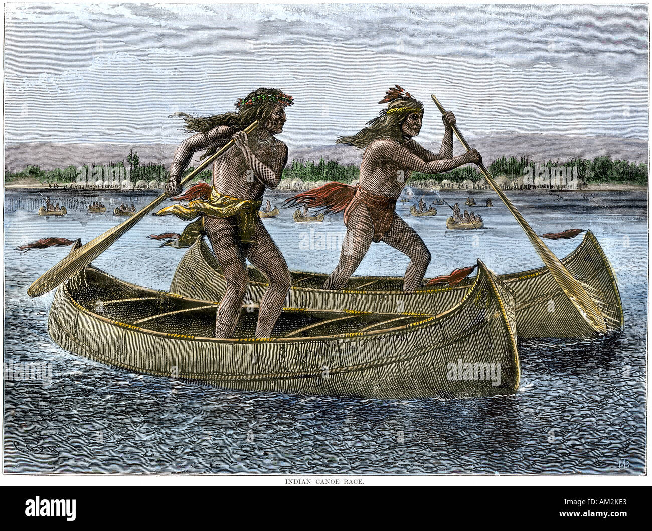 Native American canoe race on a western river. Hand-colored woodcut Stock Photo