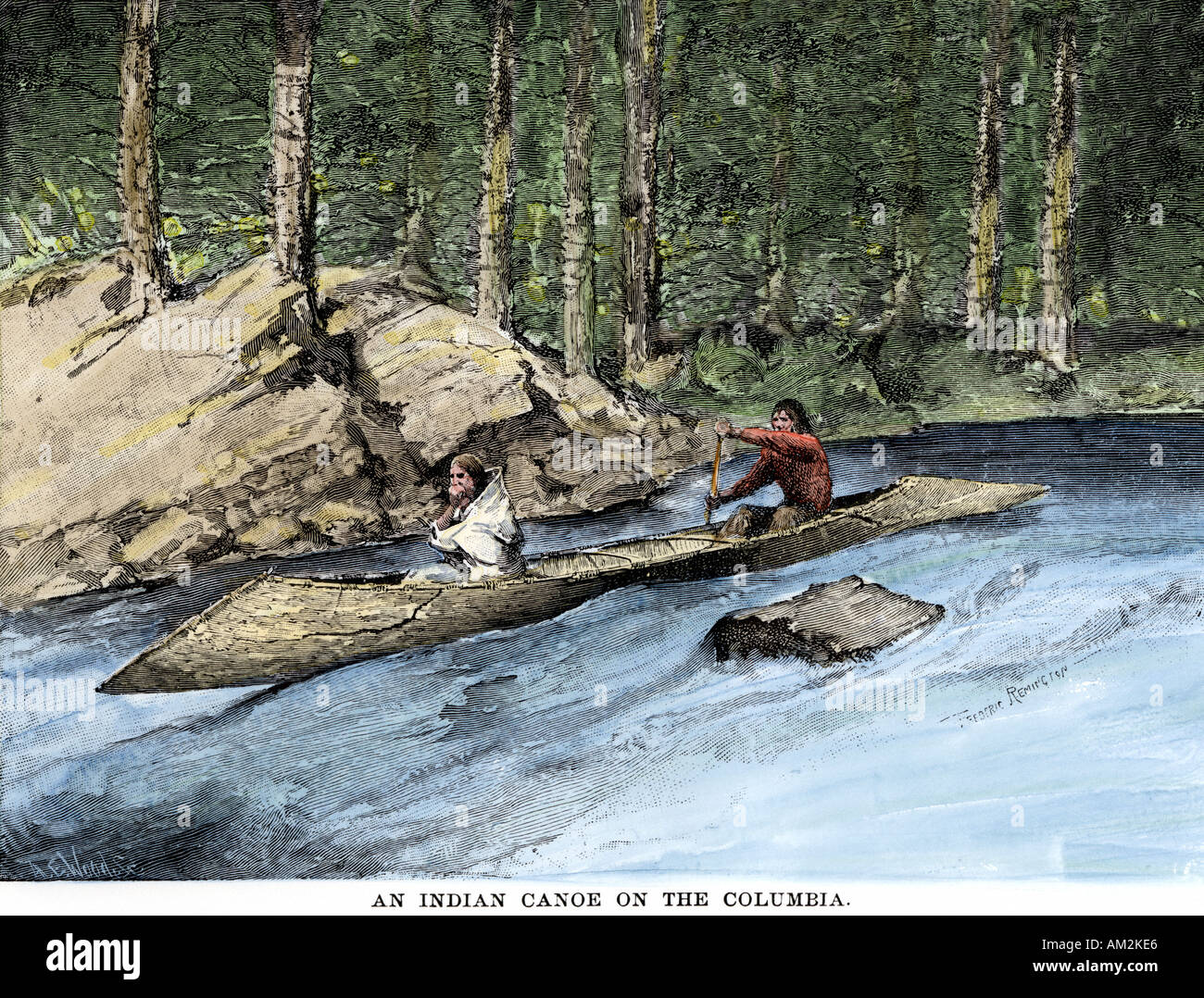 Native Americans paddling a canoe on the Columbia River. Hand-colored woodcut Stock Photo
