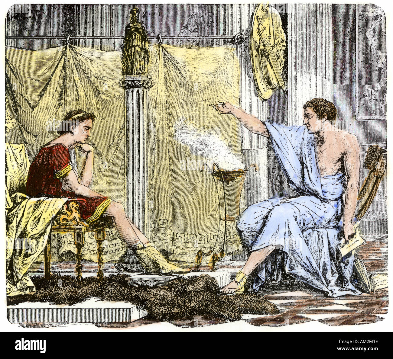 Aristotle instructing the young Alexander the Great. Hand-colored woodcut Stock Photo