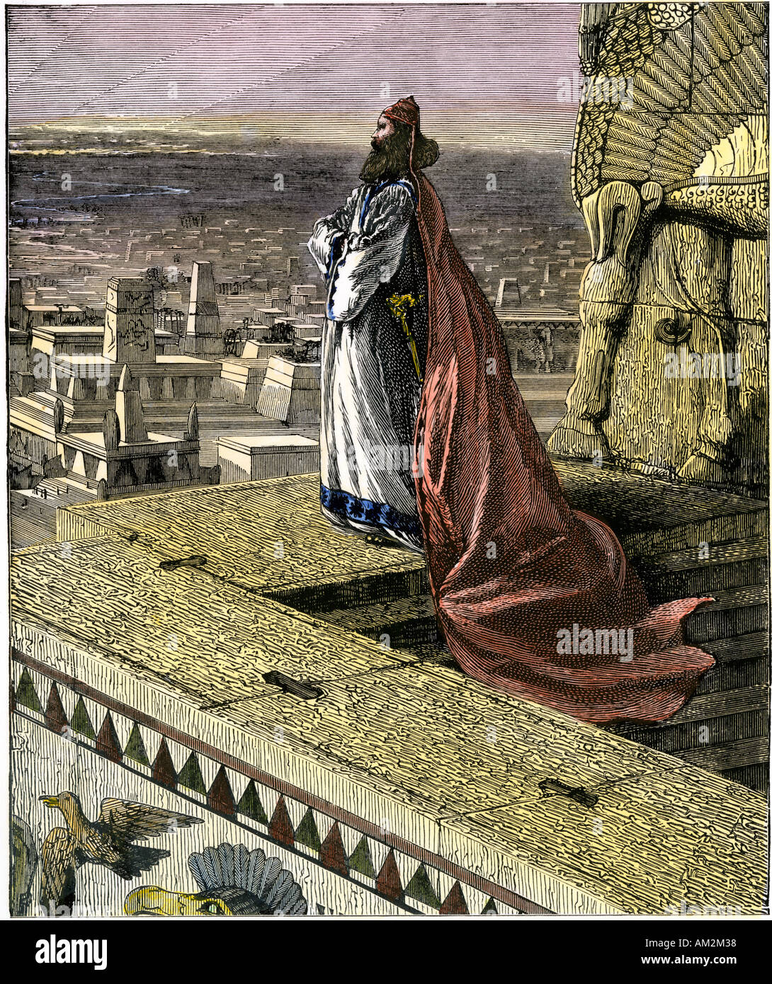 King Nebuchadnezzar II overlooking the city of Babylon 8th century BC. Hand-colored woodcut Stock Photo