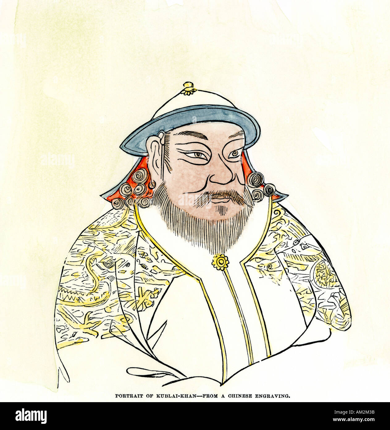 Kublai Khan Mongol leader of China. Hand-colored woodcut Stock Photo