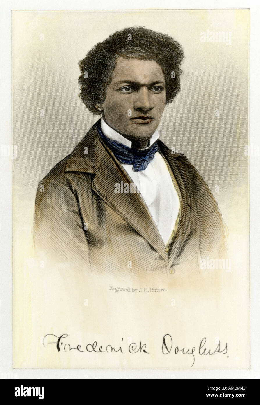 Frederick Douglass as a young man with his autograph. Hand-colored steel engraving Stock Photo