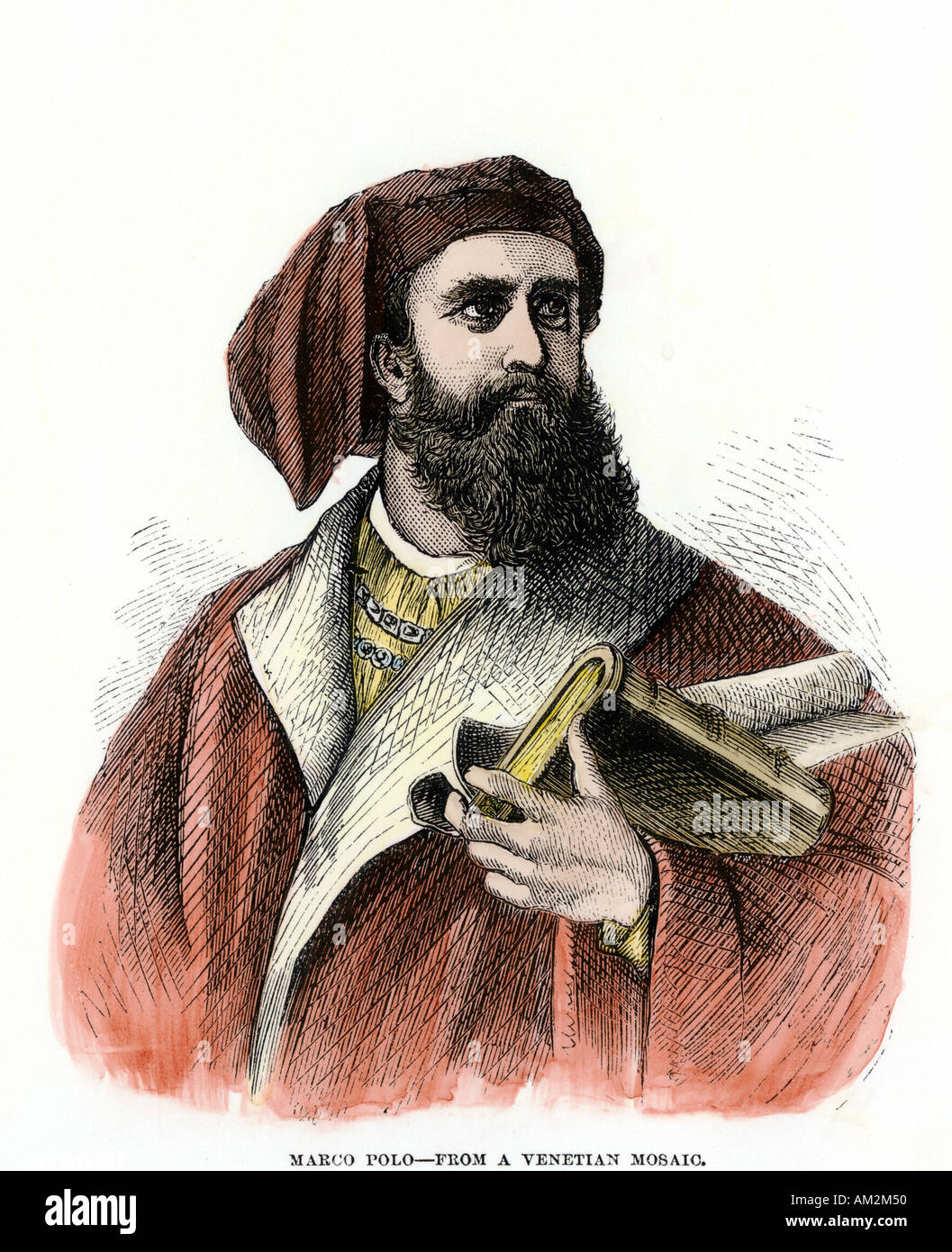 Venetian explorer Marco Polo. Hand-colored woodcut Stock Photo