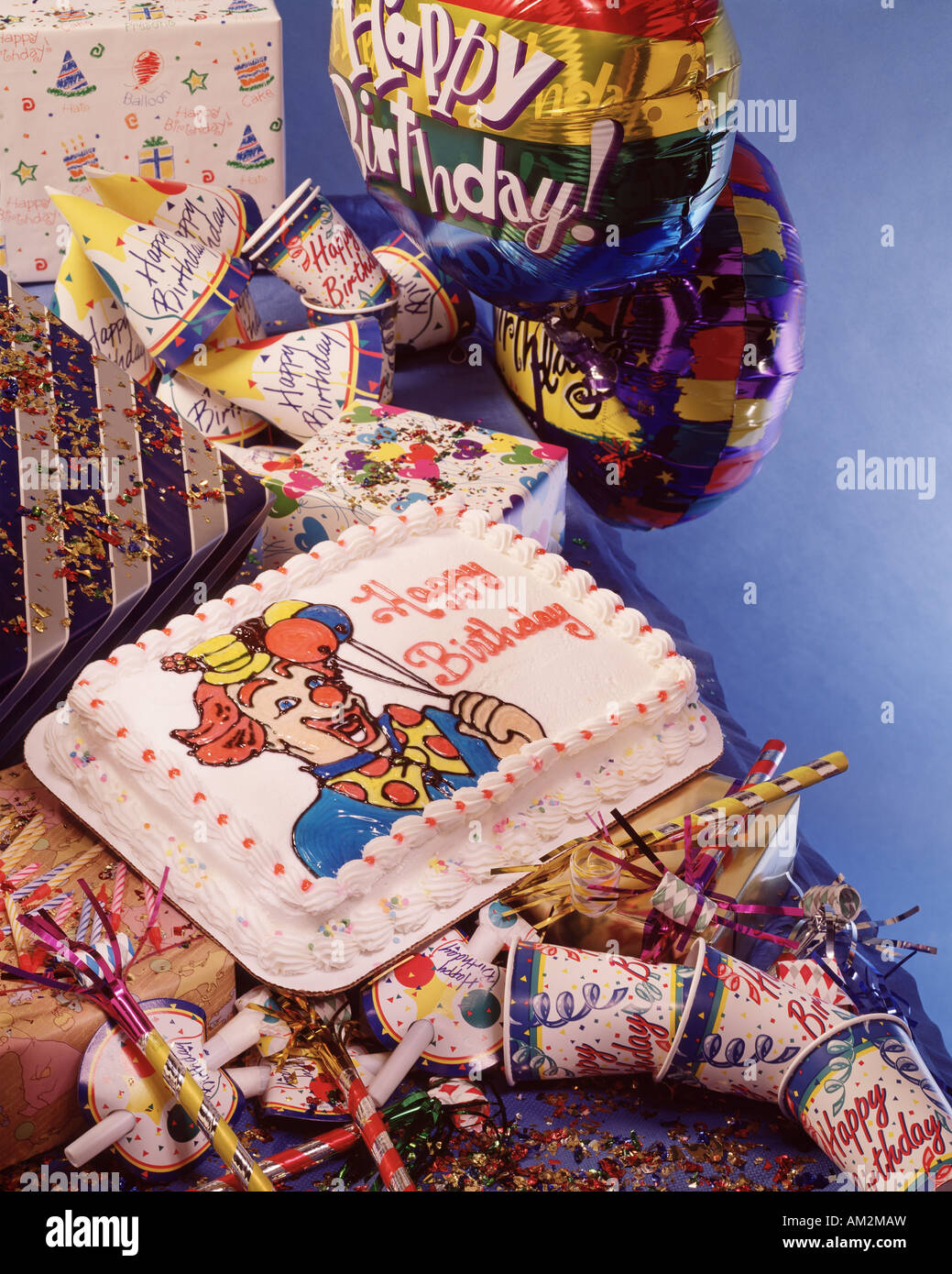 holiday packages presents happy birthday party celebration cake ballons Stock Photo