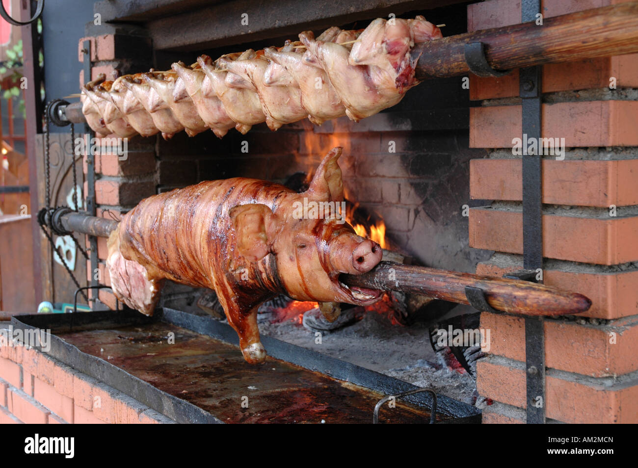 Hog roast pig chicken spit Stock Photo