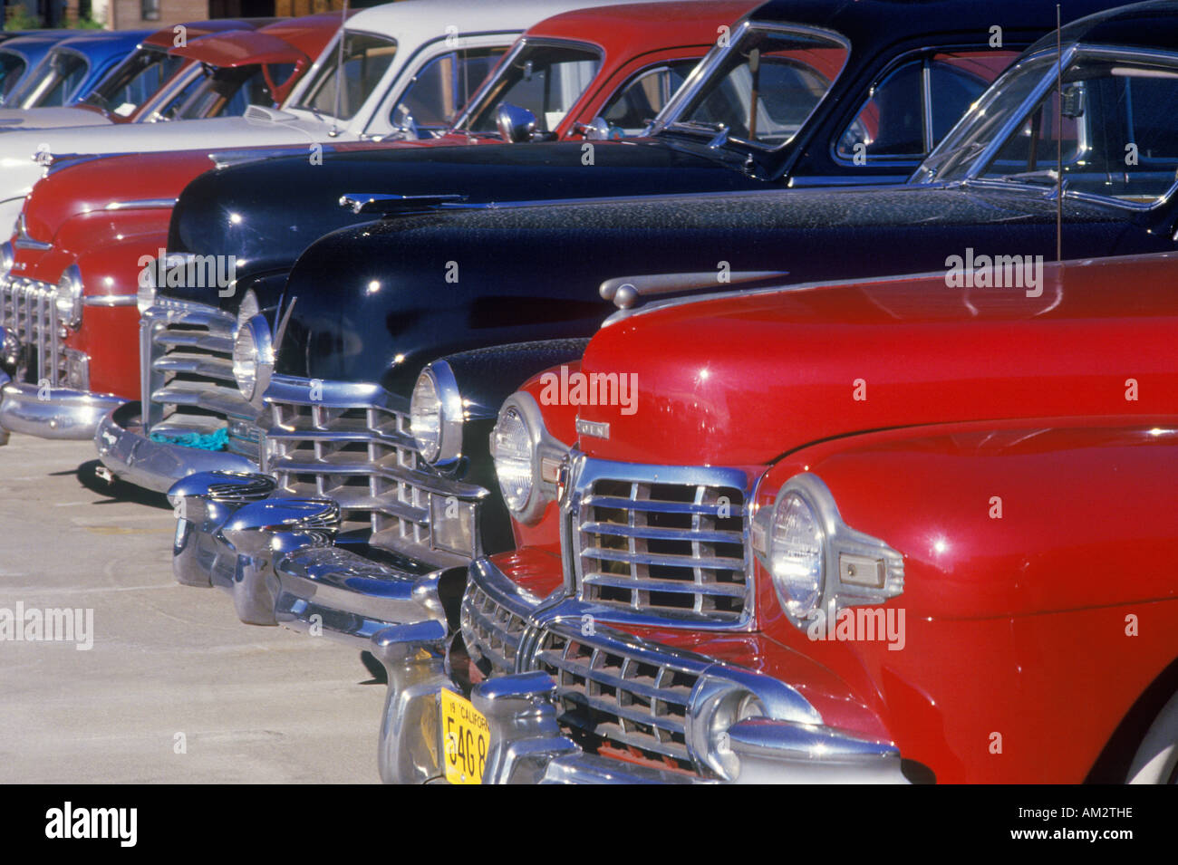 A row of antique cars in Los Angeles CA Stock Photo