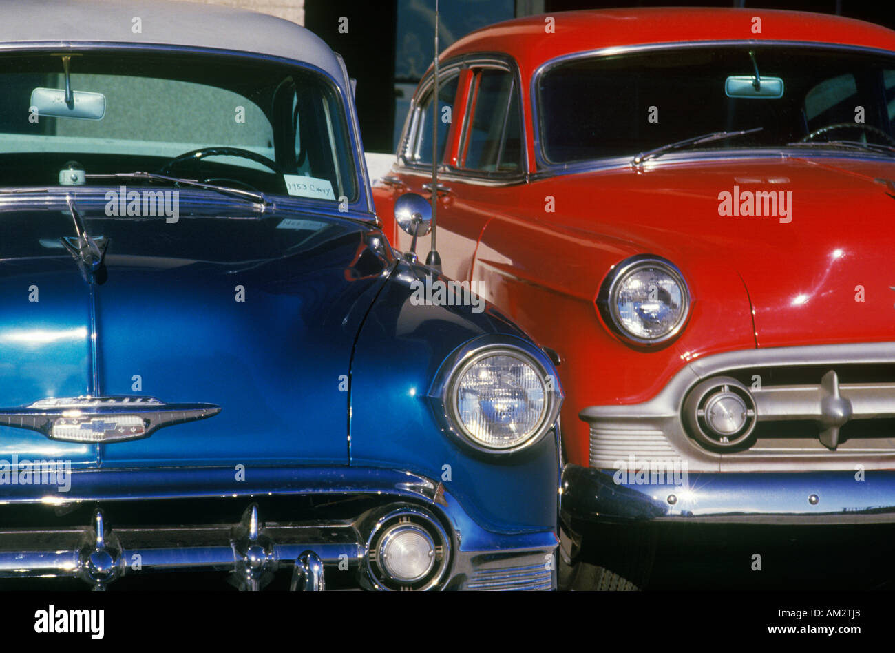 A blue and red antique car in Hollywood California Stock Photo