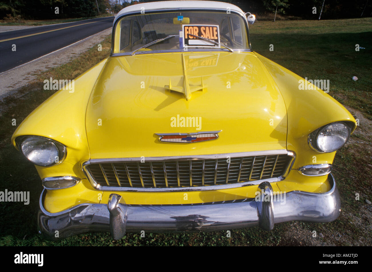 A yellow 1956 Chevrolet for sale in Maine Stock Photo