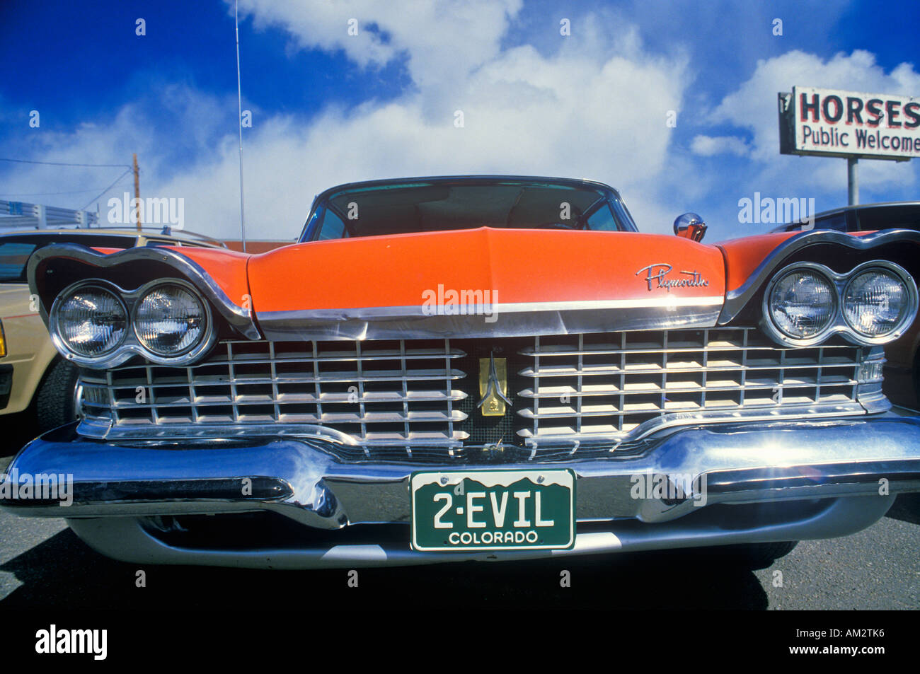 2 Evil License Plate on 1957 Plymouth Stock Photo