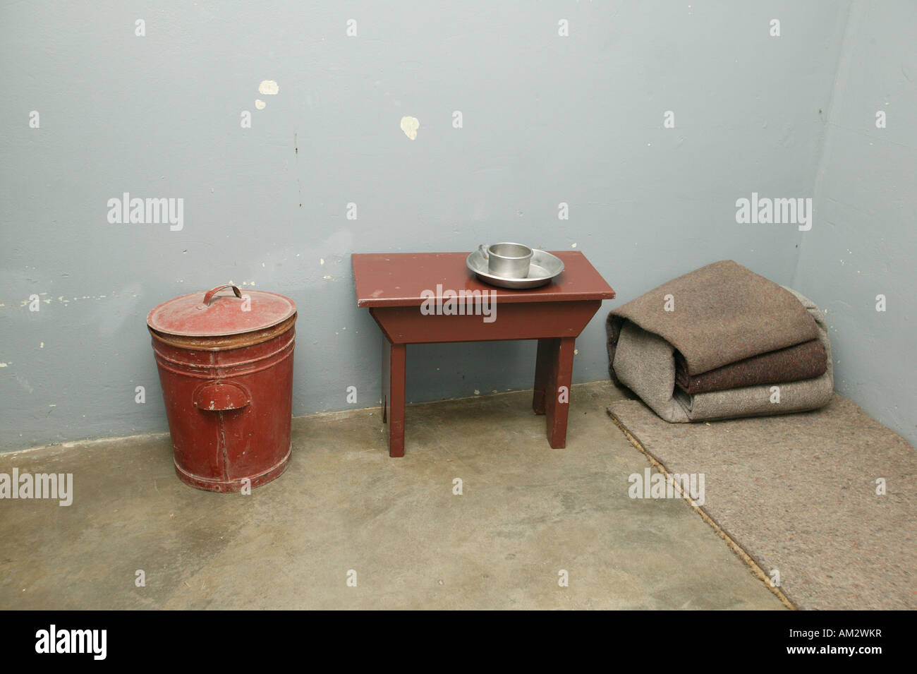 Furnishing of a cell on the former prison island Robben Island, South Africa Stock Photo