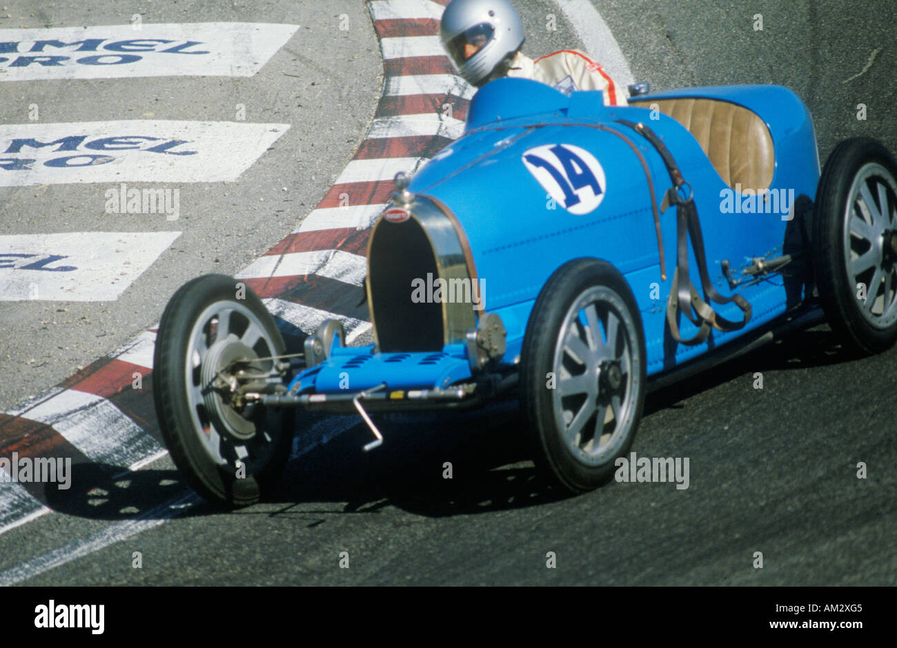 Racing a classic Bugatti sports car at the Laguna Seca Classic Car Race in Carmel CA Stock Photo