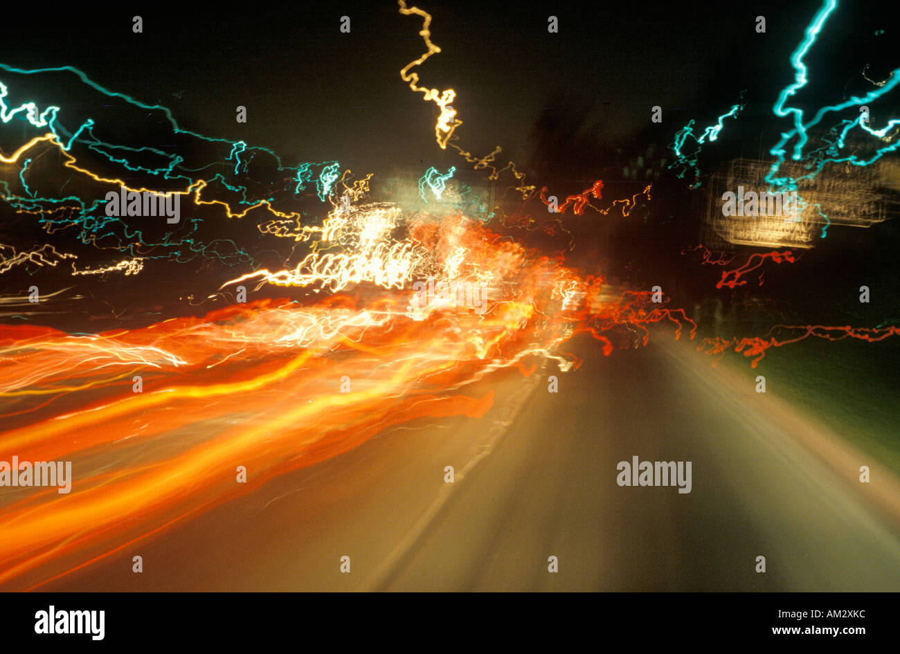 Time exposure of highway lights at night Stock Photo