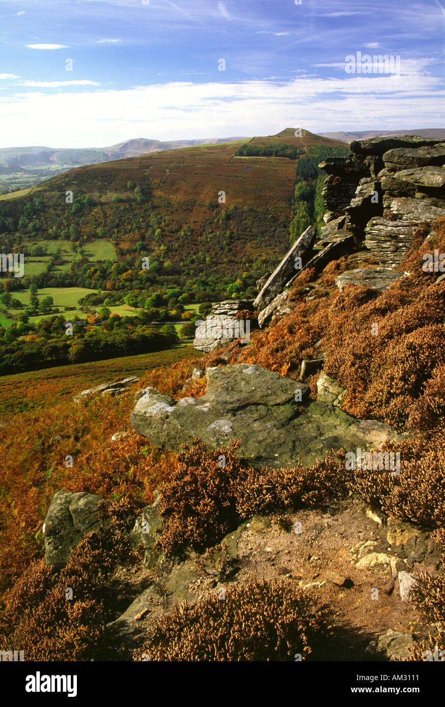 View from Bamford Edge towards Win Hill and Mam Tor in the Derbyshire Peak  District Stock Photo - Alamy