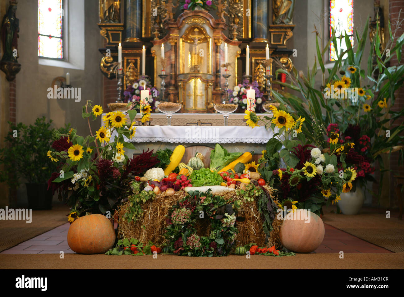 Thanksgiving altar in gothic choir of the church of pilgrimage, Holzhausen, Upper Bavaria, Germany Stock Photo