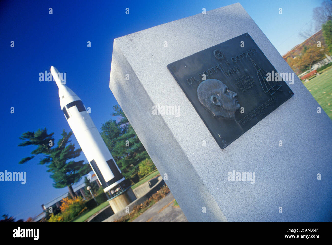 Monument plaque and display rocket at Goddard Rocket Launching Site a National Historic Landmark Auburn MA Stock Photo
