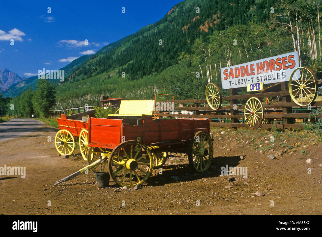 Horseback riding ranch and stables T Lazy Ranch Aspen CO Maroon Bells Stock Photo