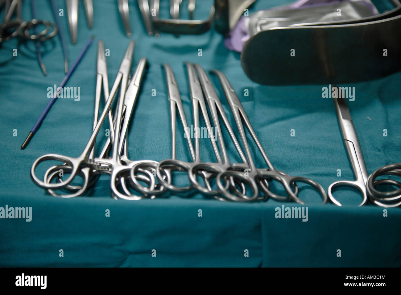 array of surgical instruments on sterile tray Stock Photo Alamy
