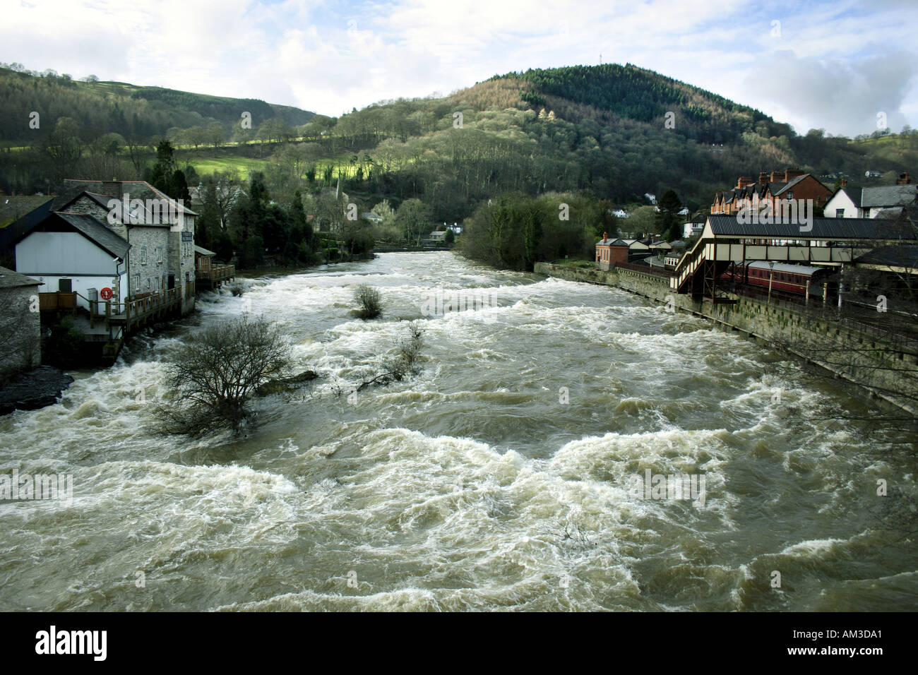 River Dee in Flood at Llangollen Denbighshire North Wales United