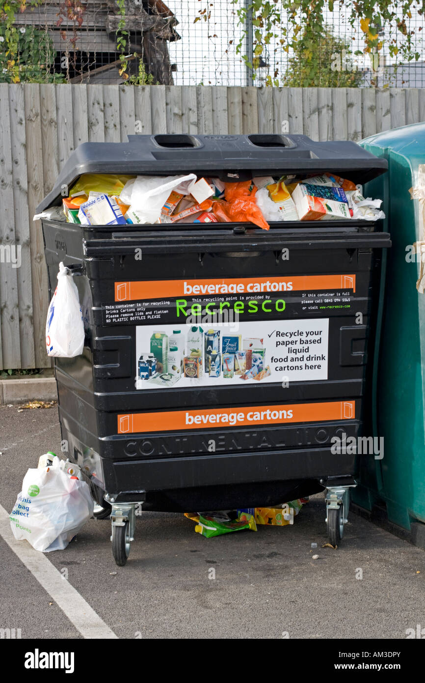 Beverage carton recycling black bin Recresco Tesco car park Bishops Cleeve Cheltenham UK Stock Photo