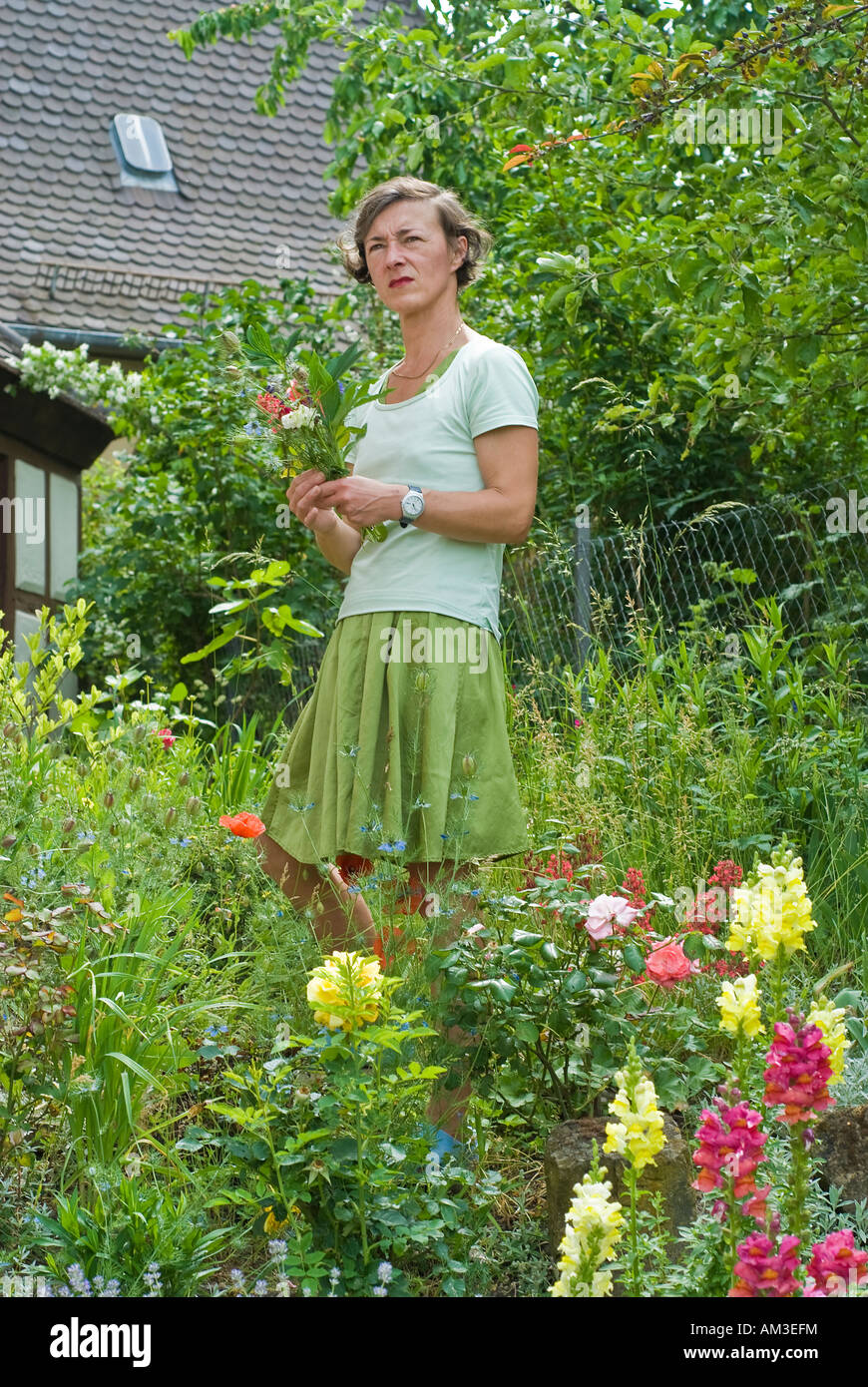 Woman is picking flowers in the garden, Hassberge, Lower Franconia, Bavaria, Germany Stock Photo