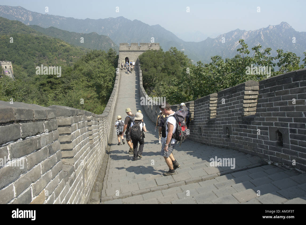 Hikers on Great Wall of China at Mutianyu Stock Photo