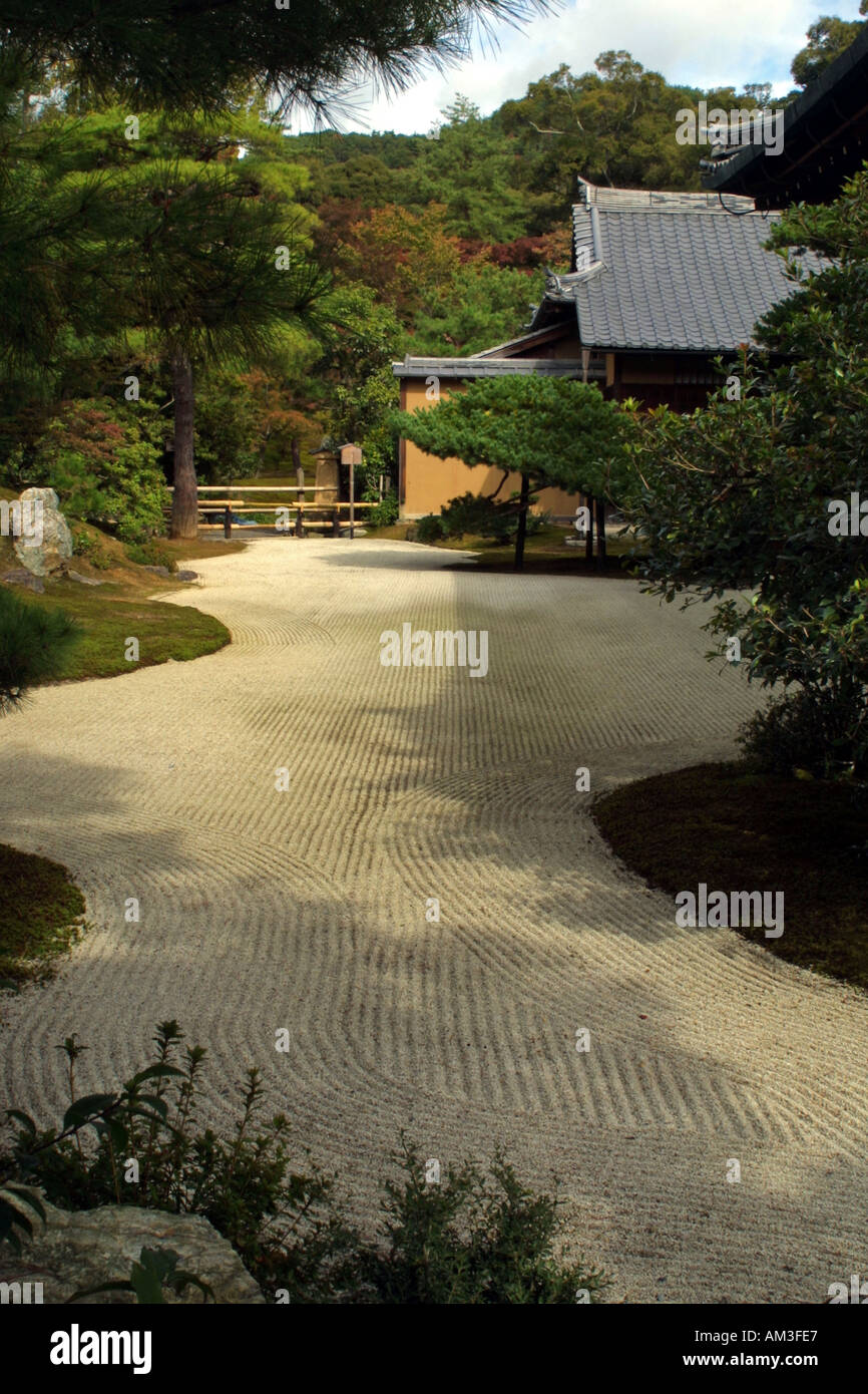 Typical iconic silver sand Zen Garden at a the tourist famous Golden pavilion temple in Kyoto Kansai Japan Asia Stock Photo