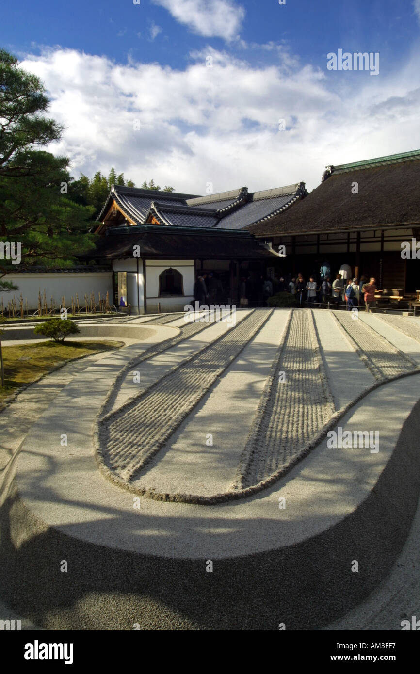 Landscaped siver sand Zen garden at the famous Silver Temple in Kyoto Japan, popular with tourists to the Kansai region Asia Stock Photo