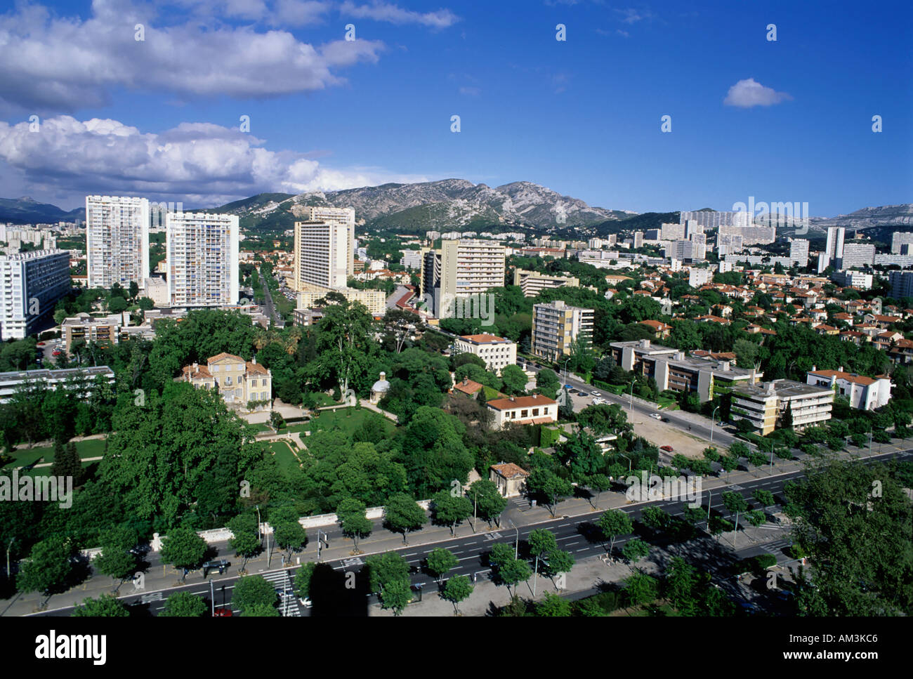 City buildings of Prado avenue and the hills viewed from the Cité Radieuse, Marseille, France. Stock Photo