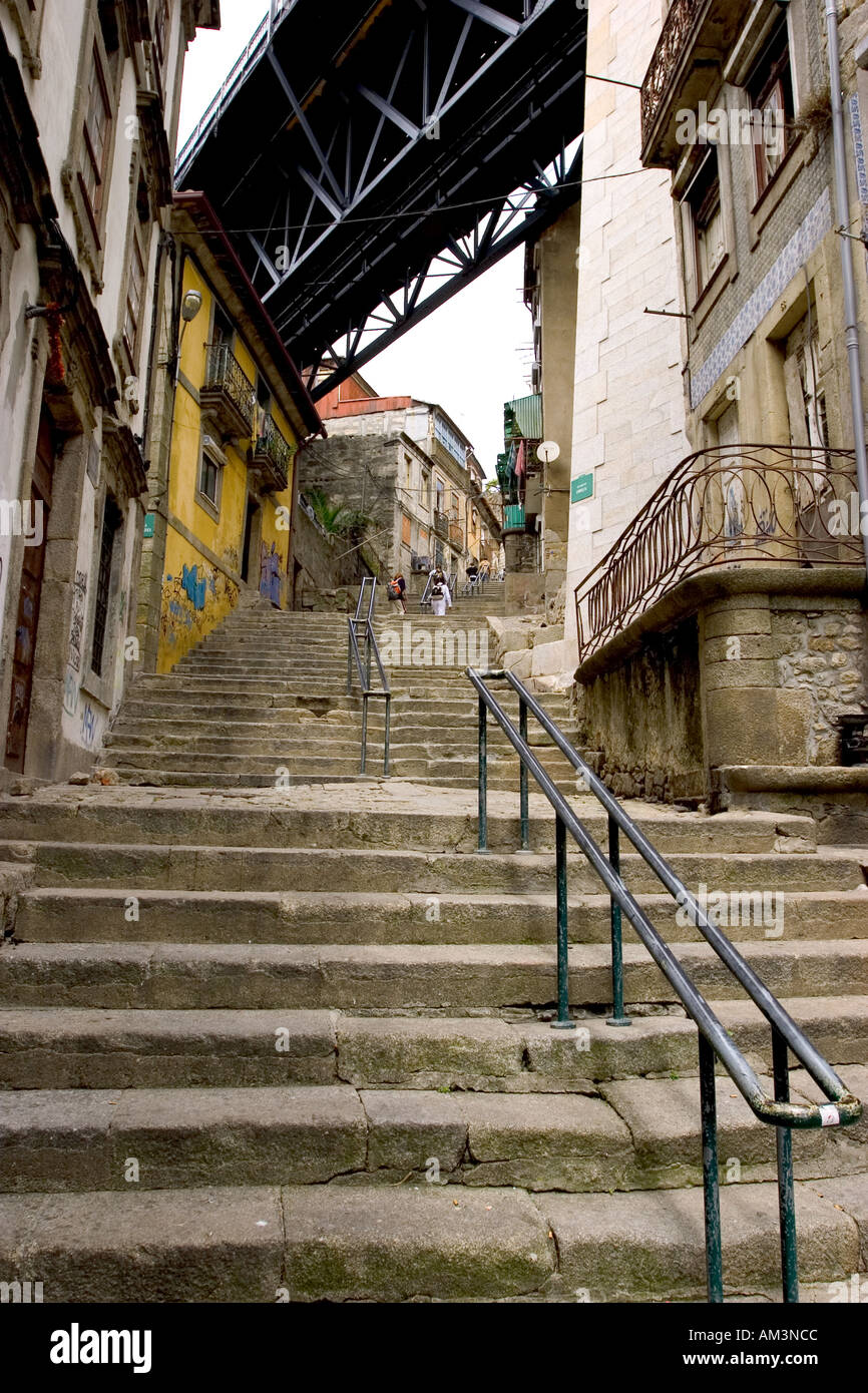 View of Ribeira district with step stair Porto Portugal Stock Photo