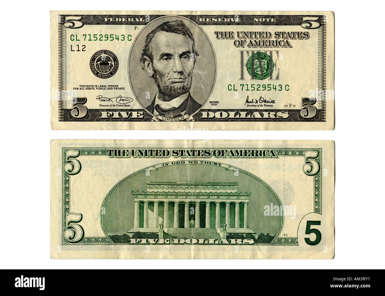Front and back side of the new five dollar bill Stock Photo