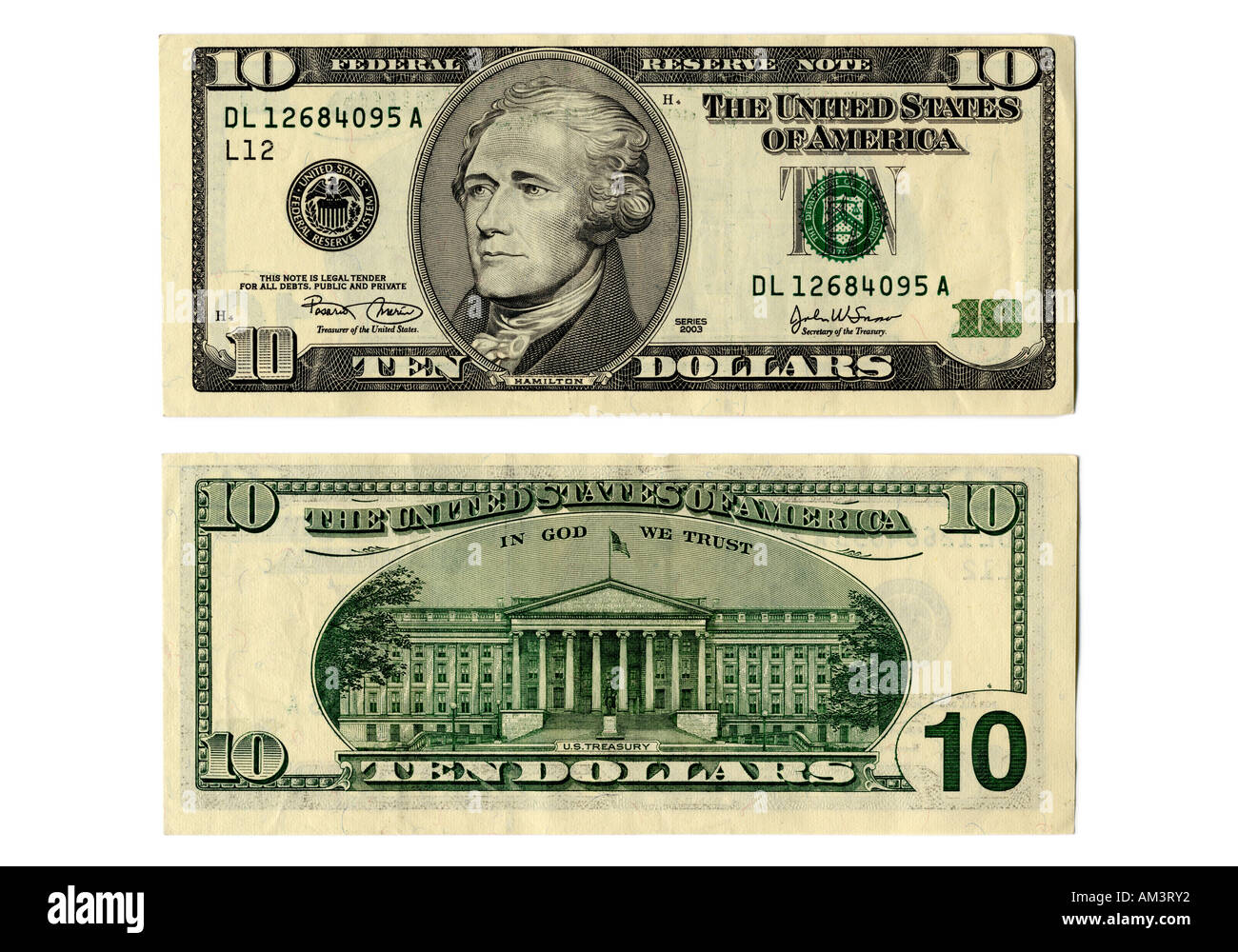 Front and back side of the new ten dollar bill Stock Photo