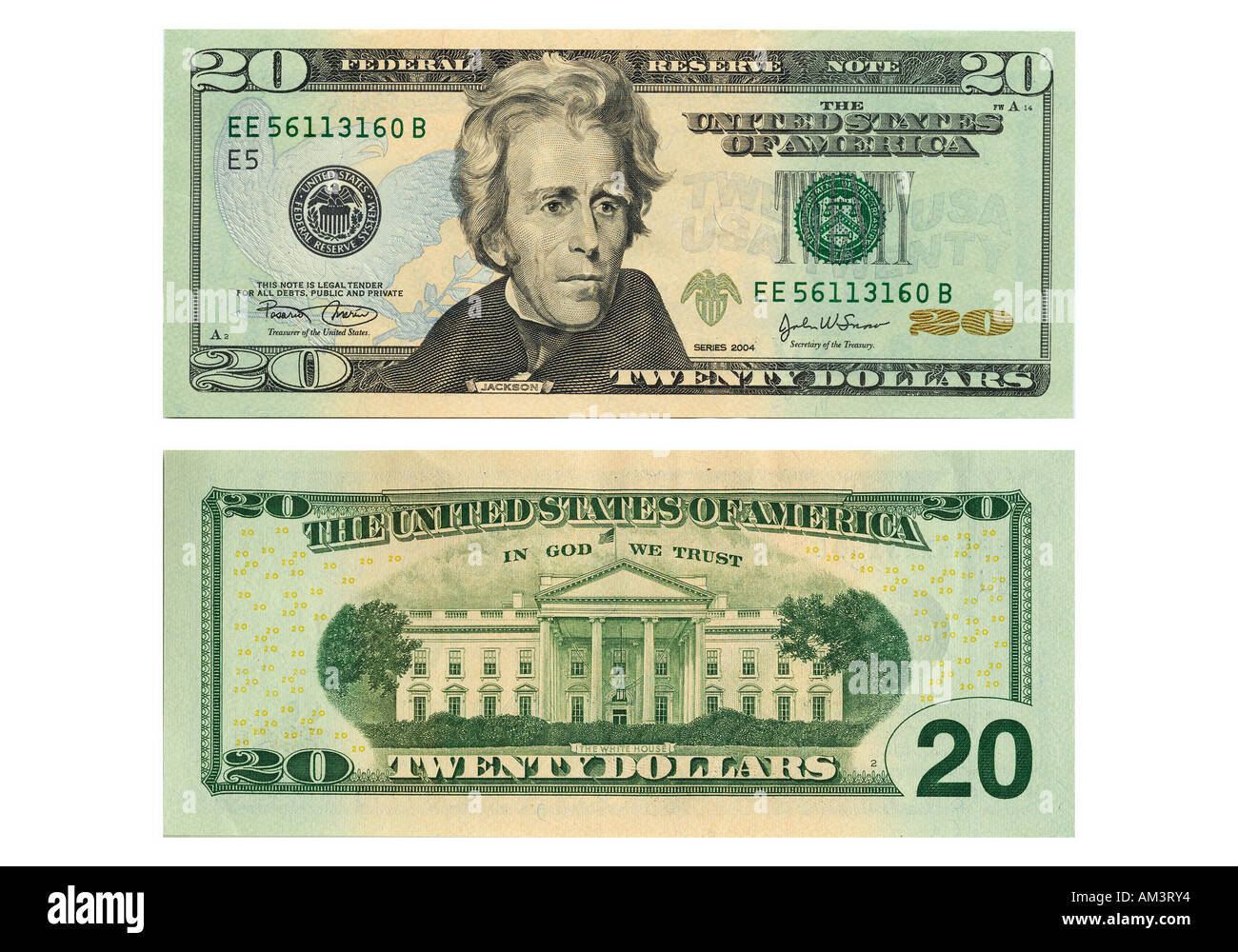 Front and back side of the new twenty dollar bill Stock Photo