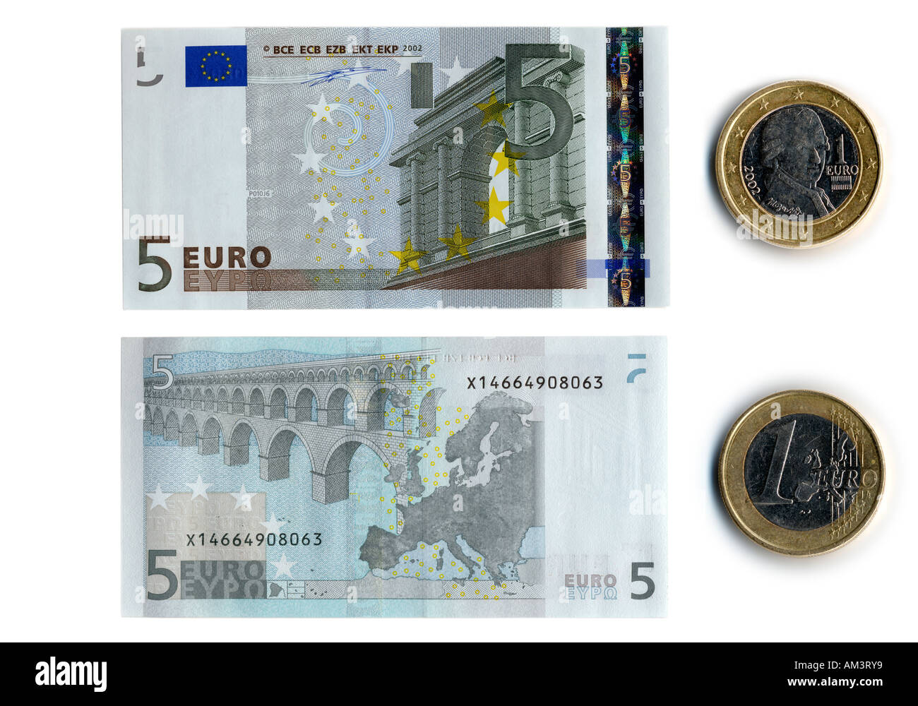 Front and back side of the Five Euro bank note and Euro coin Stock Photo