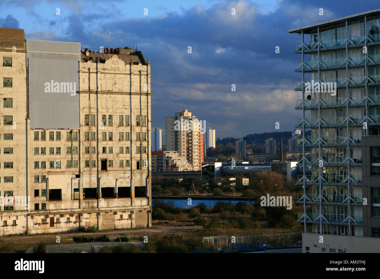 Spillers Millenium Mills derelict building next to new apartments royal