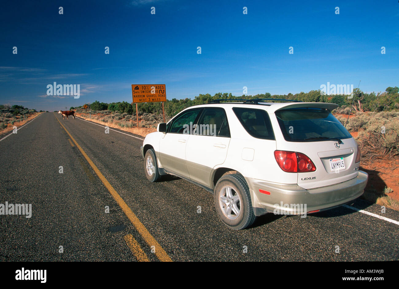 Joe Sohm photographing Lexus RX300 along the road to Monument Valley in Utah Stock Photo