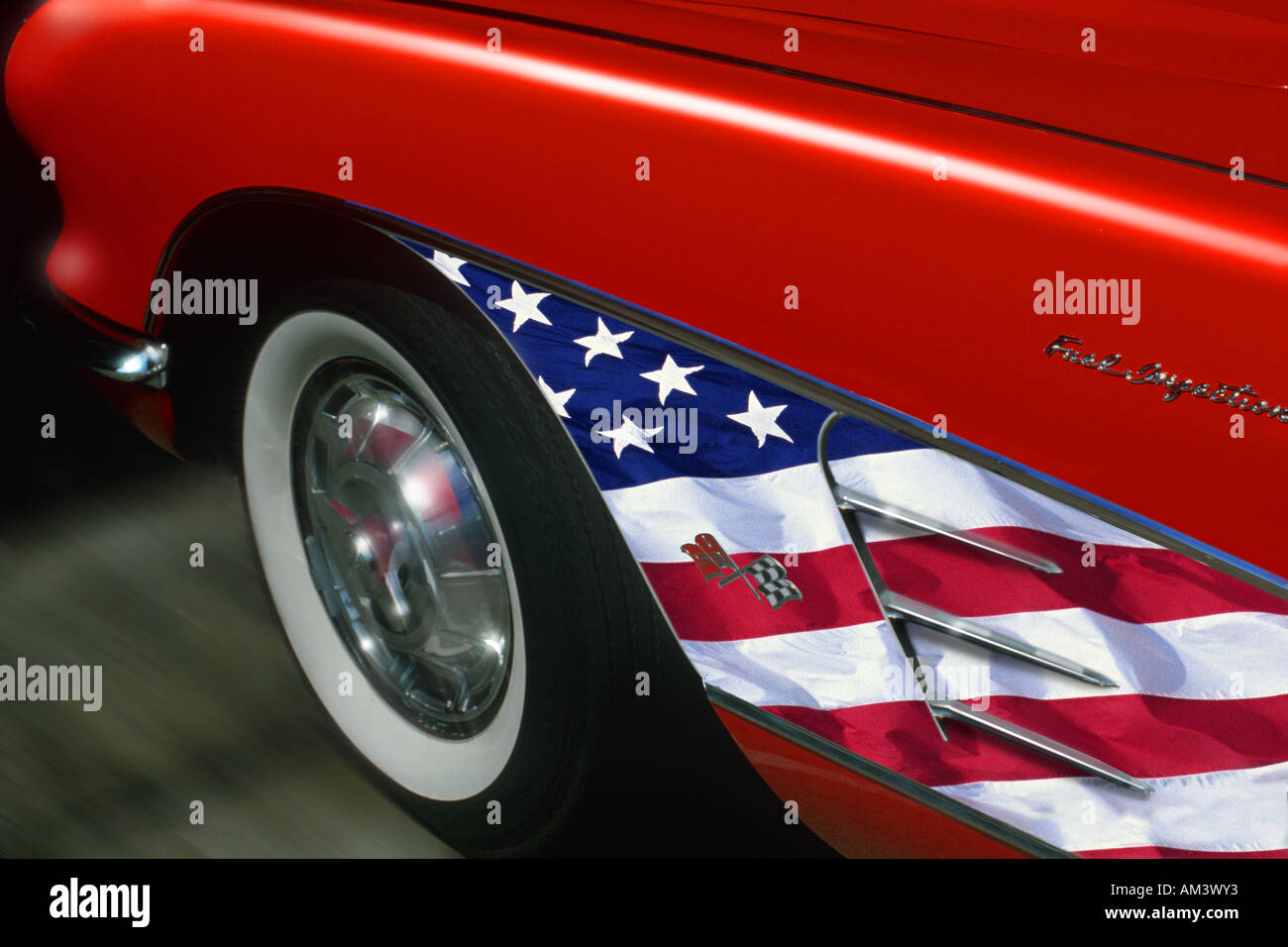 Red sports car with American flag trim Stock Photo