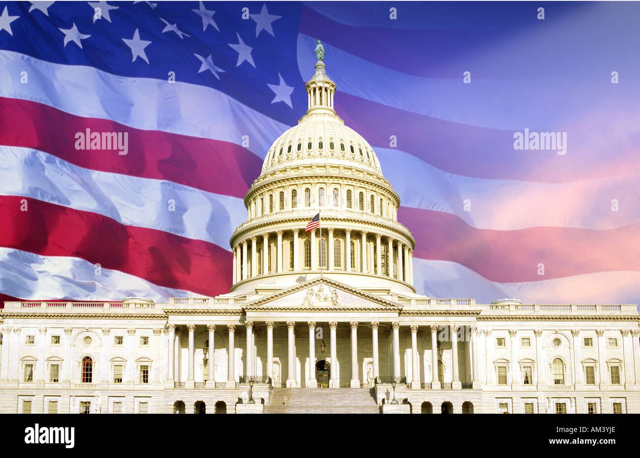 Digital composite U S Capitol with American flag Stock Photo