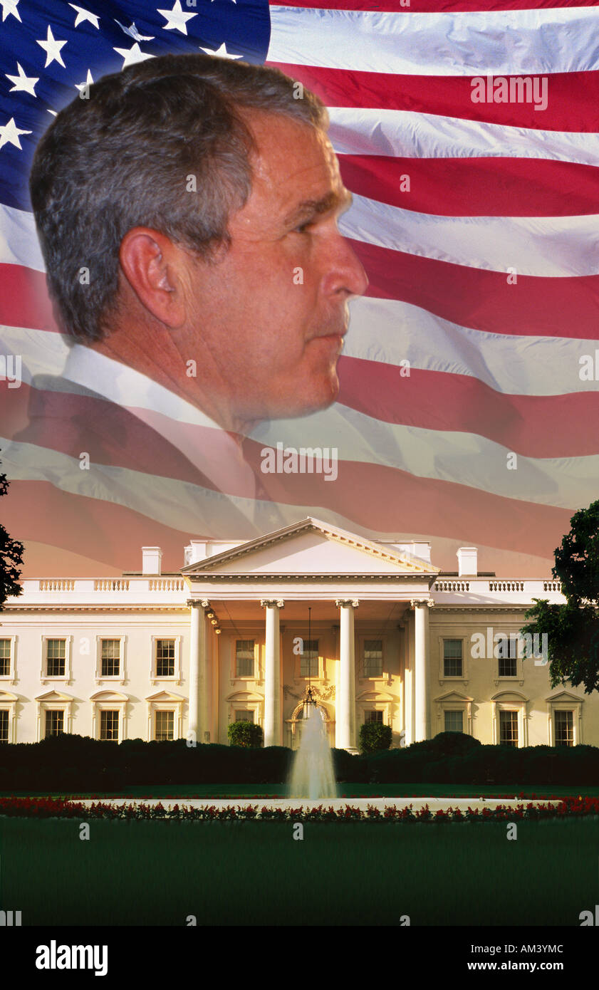 Digital composite President Bush The White House and American flag Stock Photo
