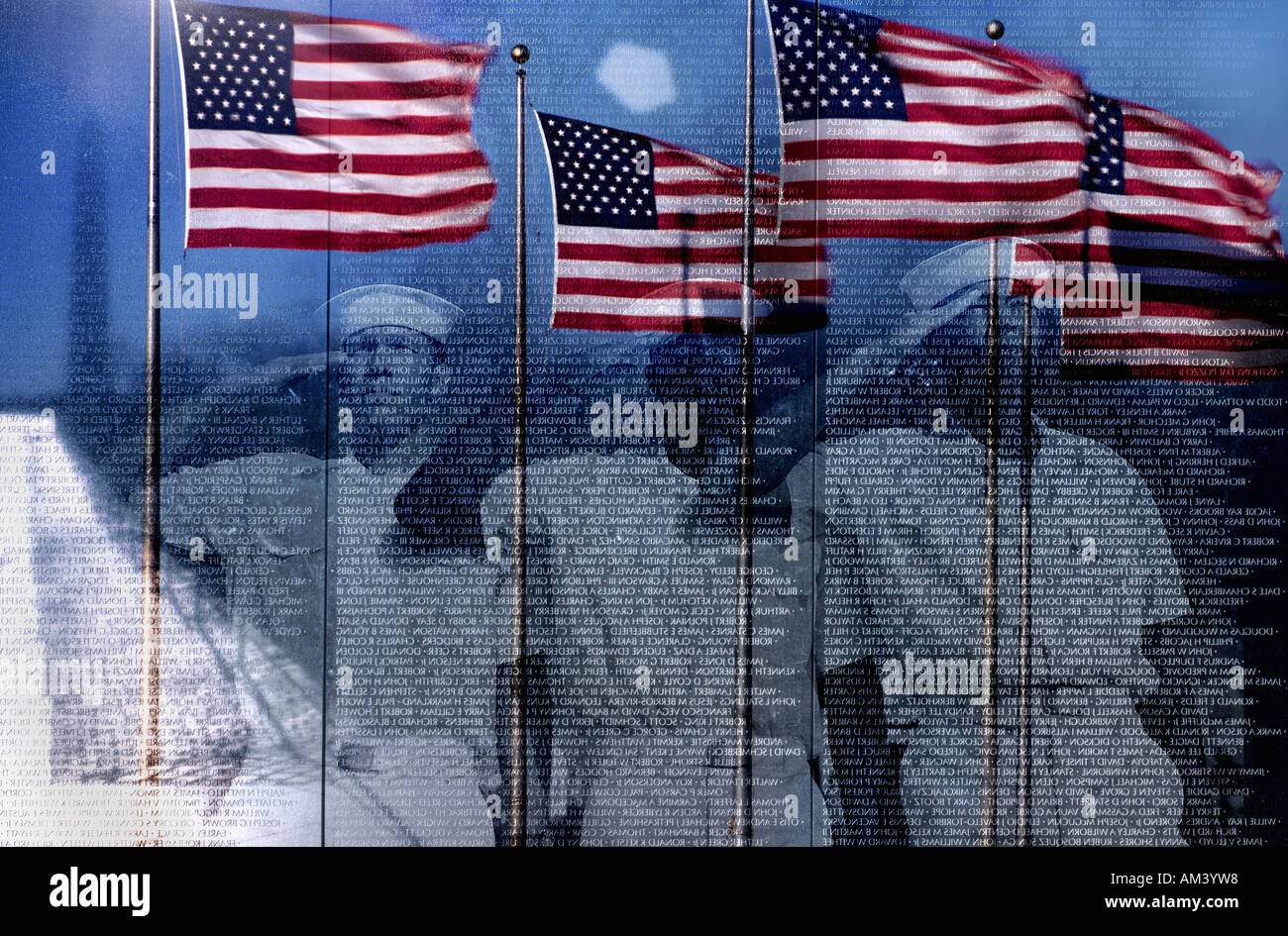 Digital composite American flags and reflection of sailors saluting The Wall Vietnam War Memorial Stock Photo