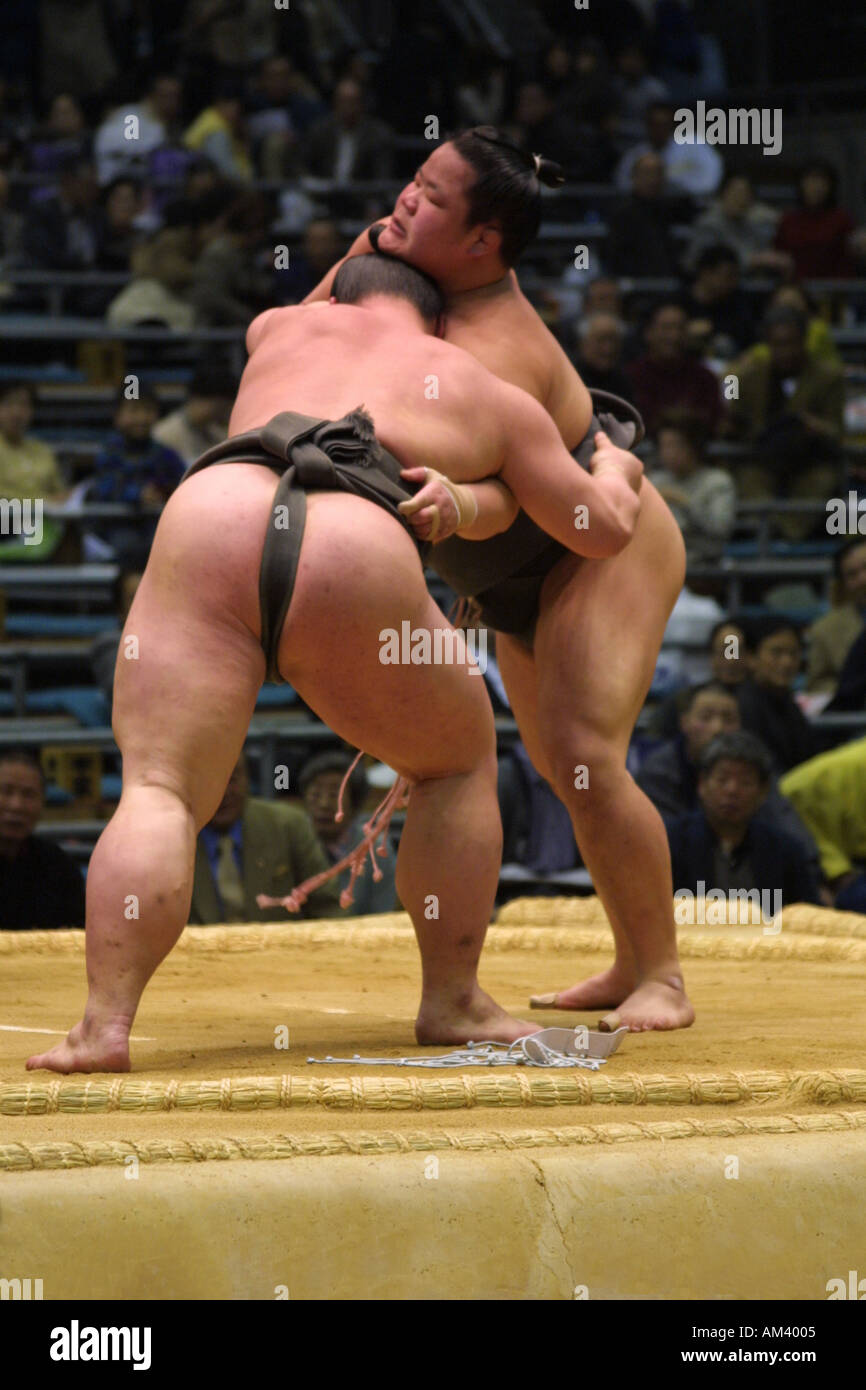 Typical Sumo wrestlers grappling fighting in a classic pose at the Spring tournament in Osaka Kansai Japan Asia Stock Photo