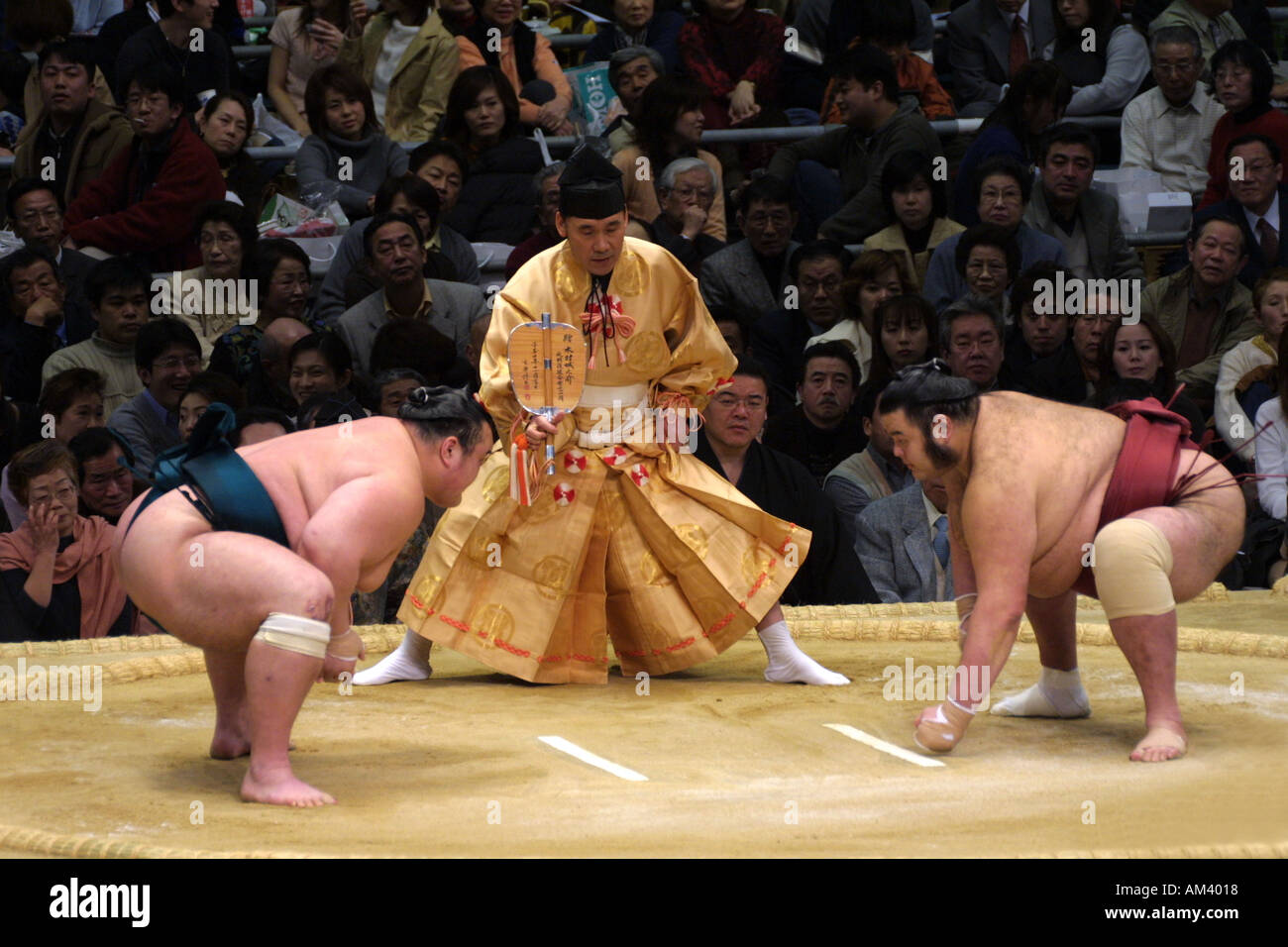 Sumo wrestlers at the pre fight ritual at the Spring Sumo tournament in