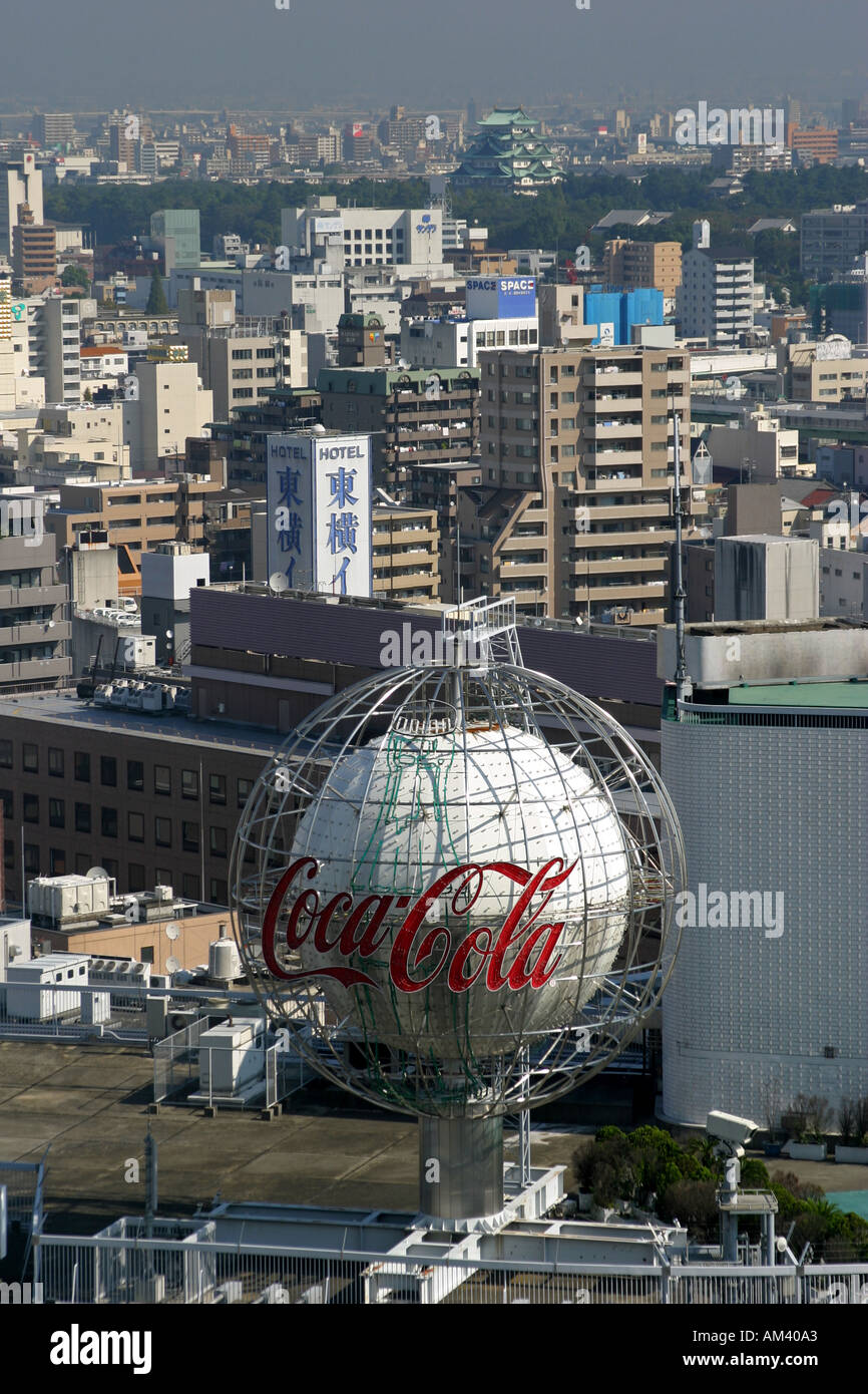 Aerial view of Nagoya Castle and the landmark Coke advertising sign in Nagoya city center Japan Asia Stock Photo