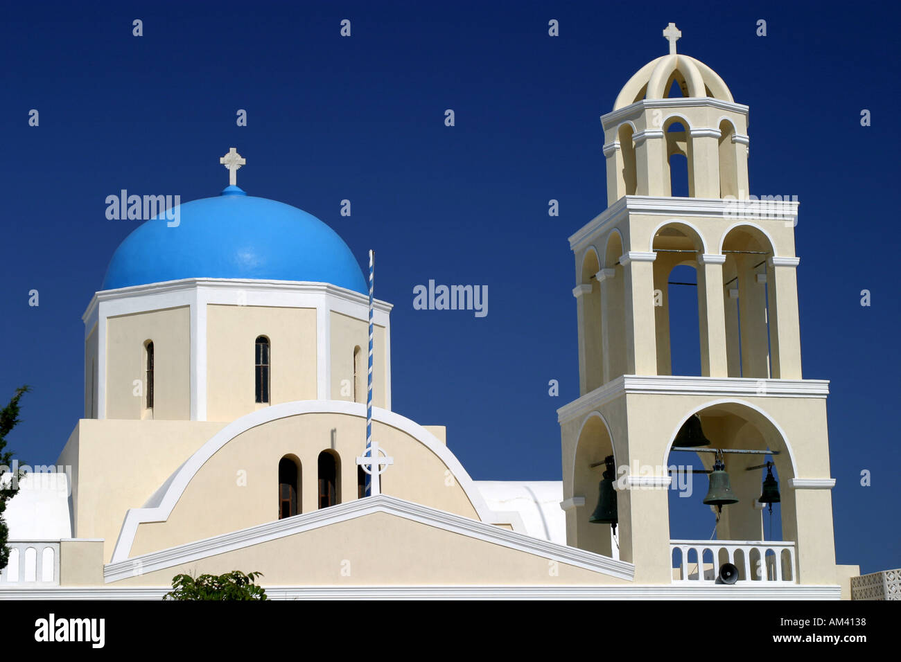 A typical blue domed church roof on the popular tourist island ...