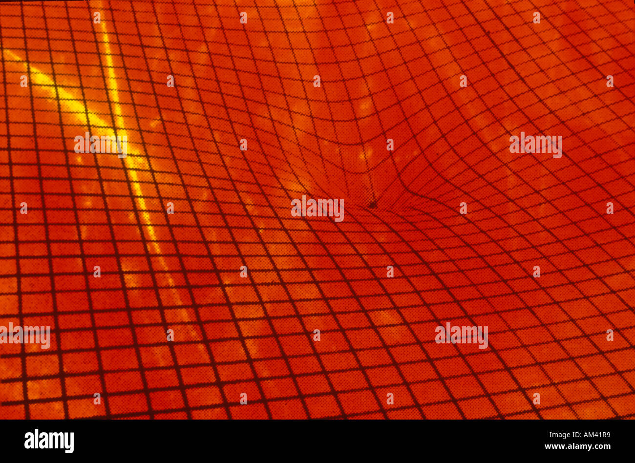 Space special effects image of a black grid above a red space representing two dimensional gravity Stock Photo