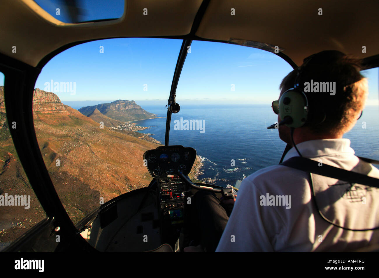 South Africa, Cape Town, Helicopter pilot flying over Cape Peninsula Stock Photo