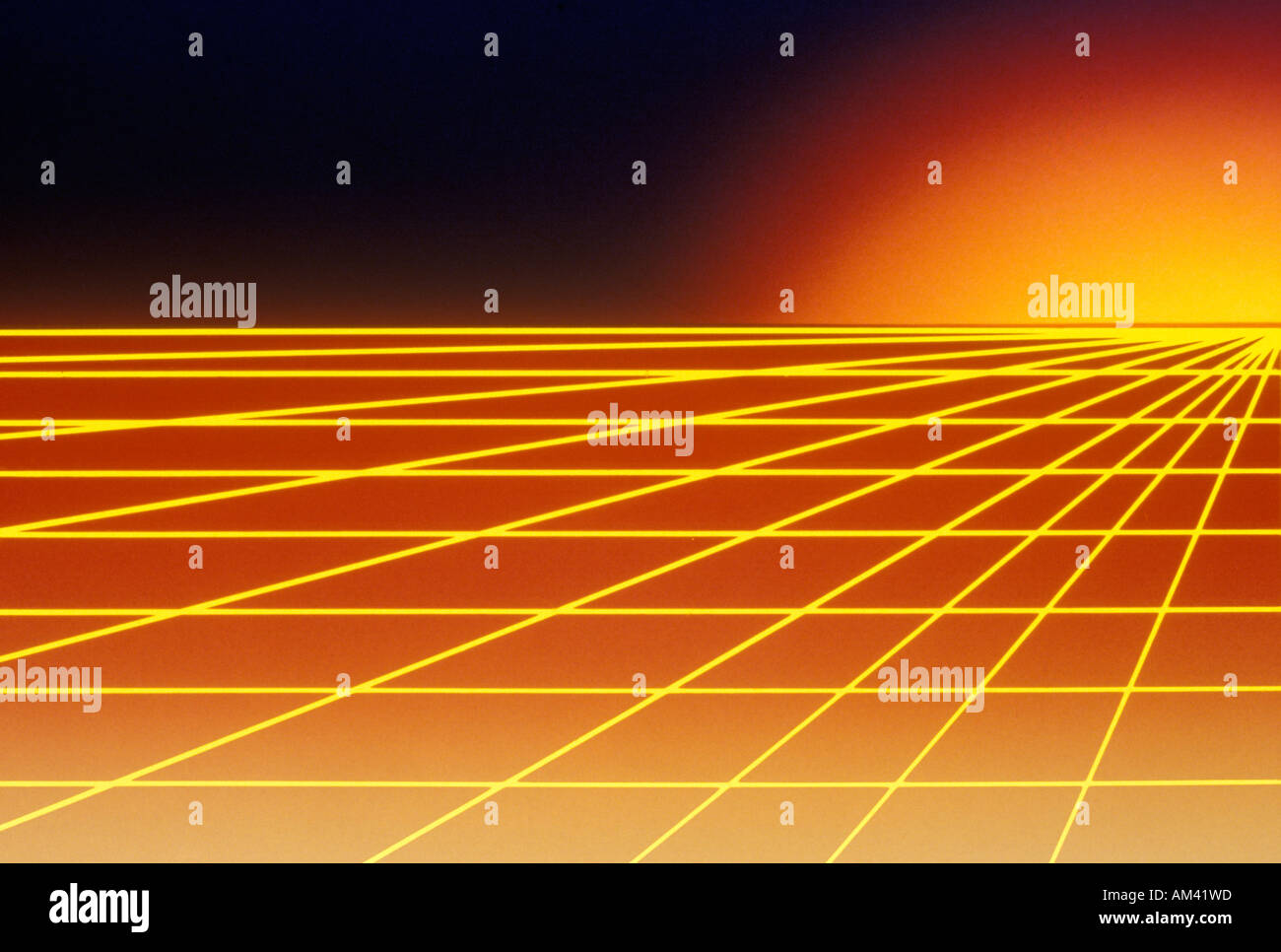 Space special effects of yellow grid matrix over red surface extending to a glowing horizon Stock Photo